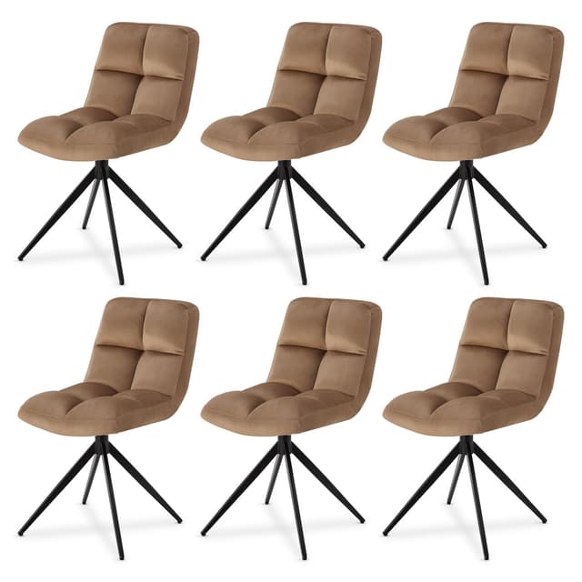 Juskys Drehstuhl Dallas 6er Set - Esszimmerstühle drehbar, Stoff Bezug - Stuhl bis 120 kg belastbar - Stühle Esszimmer, Esszimmerstuhl Samt Hellbraun