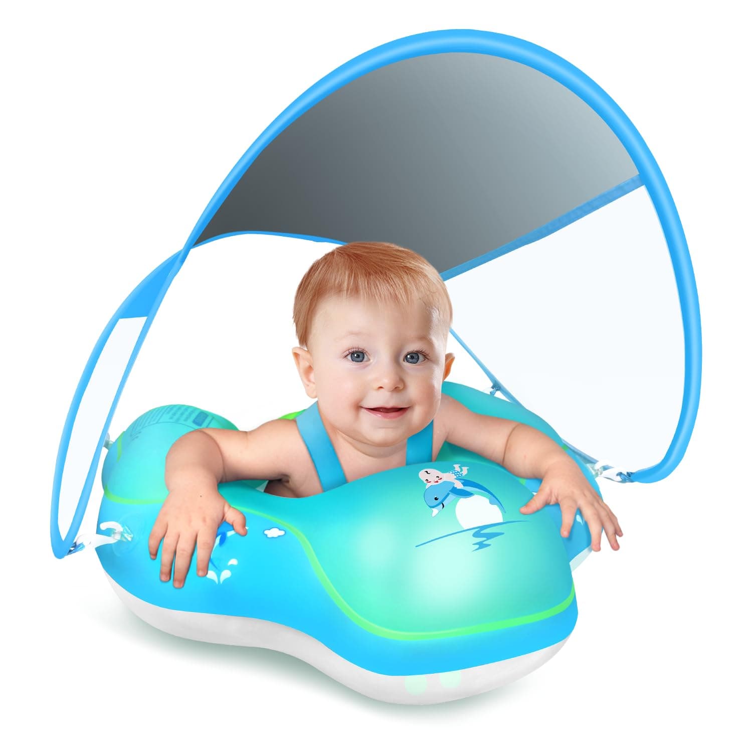 LAYCOL Schwimmring Baby mit UPF50+ Sonnenschutzdach & Spielzeug, Verstellbarer Sicherheitssitz, Kleinkind Pool Schwimmring für 3-36 Monate