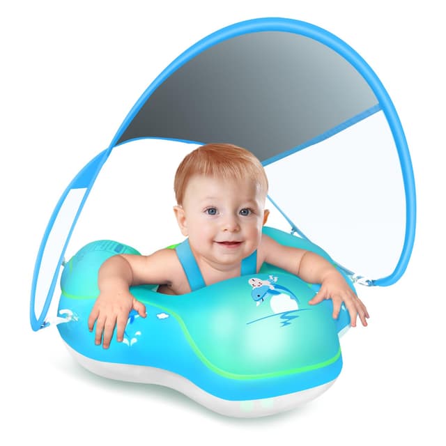 LAYCOL Schwimmring Baby mit UPF50+ Sonnenschutzdach & Spielzeug, Verstellbarer Sicherheitssitz, Kleinkind Pool Schwimmring für 3-36 Monate