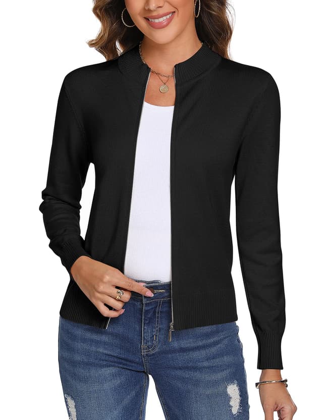 Aottori Strickjacke Damen Kurz mit Reißverschluss Strickjacken Cardigan Langarm Stehkragen Elegant Trachtenjacke Pullover Einfarbig Strickmantel Jacke Outerwear