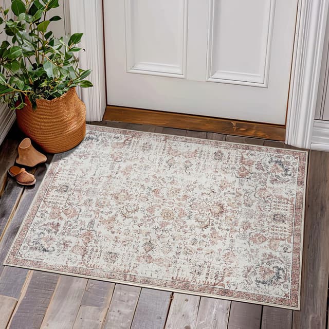 TOPICK Fußmatte 60x90cm Rot Kurzflor Türmatte Vintage Faltbar Dünner Waschbar Retro Fussmatte Multi Blumen Boho Innenbereich Teppich rutschfeste Küche Schlafzimmer Vintage Rot 60x90cm