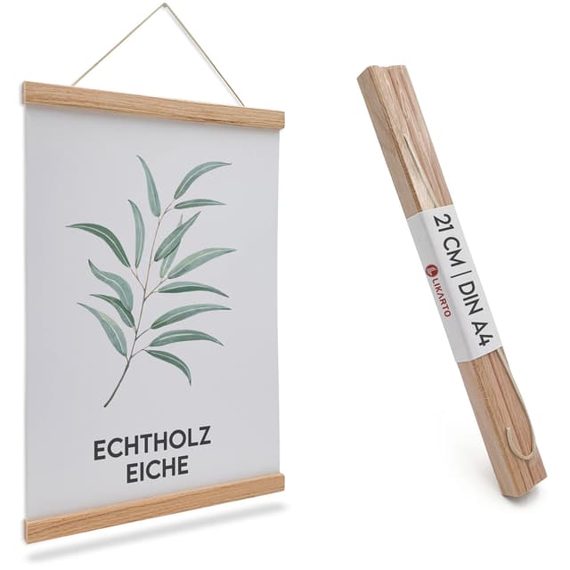 LIKARTO Premium-Posterleiste Holz Eiche A4 | 21 cm - Hochwertige magnetische Bilderleiste aus Echtholz inklusive Lederband - Einfaches Bilder aufhängen 21 cm | DIN A4 Eiche