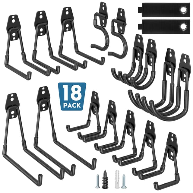 BONTEC 18 Stück Wandhaken Set, Stahl-Haken für Garage, Werkstatt, Fahrradhalterung, Gartengeräte, U-Haken, J-Haken, S-Haken, Schwarz mit Anti-Rutsch-Beschichtung, geeignet für Trockenbau & Ziegelwände 18 Pack Schwarz
