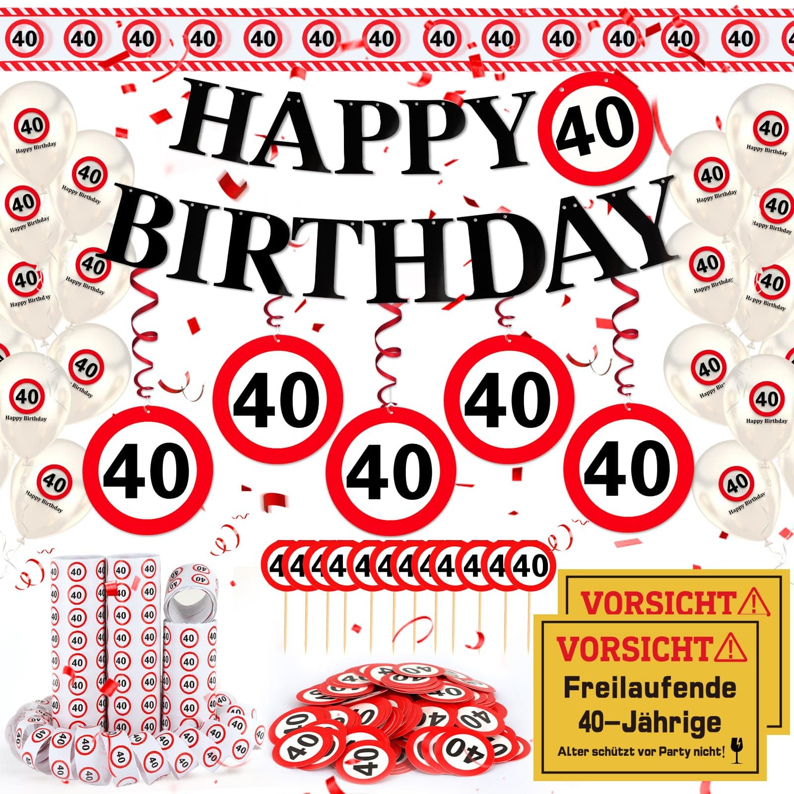 WenmthG 40 Geburtstag Deko Männer Frauen, 40. Geburtstag Deko mit Girlande, Luftballons, Absperrband, Luftschlangen, Banner, Konfetti, Tortendeko - Verkehrsschild zum 40 Jahre, 40. Geburtstagsdeko