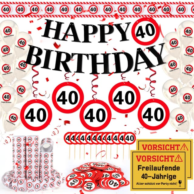 WenmthG 40 Geburtstag Deko Männer Frauen, 40. Geburtstag Deko mit Girlande, Luftballons, Absperrband, Luftschlangen, Banner, Konfetti, Tortendeko - Verkehrsschild zum 40 Jahre, 40. Geburtstagsdeko