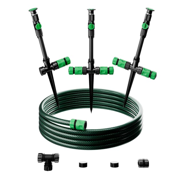 RESTMO Gartensprenger, Rasensprenger mit Erdspieß, 360°Verstellbarer Rasensprenger & Schlauch-Set zur Gartenbewässerung, Gartensprinkler mit Schnellverbinder, Ideal zur Rasenbewässerung, Grün Grün Gartensprinkler & Schlauch-Set