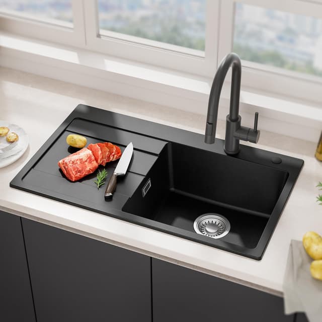 CECIPA Spülbecken Schwarz 78 x 45 cm, Spüle Küche aus Granit mit Abtropffläche, Küchenspüle für 45 cm breite Unterschränke, Waschbecken Küche Einbauspüle inkl. Siphon sowie Ab- und Überlaufgarnitur Spüle Schwarz 78x45