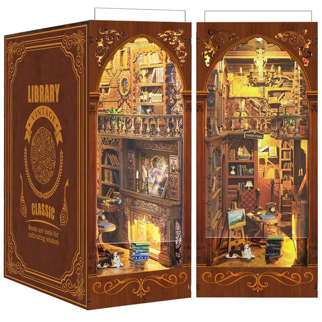 Quanquer DIY Book Nook Bibliothek-Puppenhäuser Holz Miniatur Haus Kit mit Möbeln und LED-Licht, Salbei-Bibliothek 3D Holzpuzzle Book Nook Kit, Modellbausätze Kreatives Geschenk für 14 Jahre+ Library