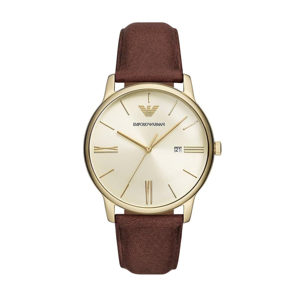 EMPORIO ARMANI Watch for Men, Quarz-Dreizeiger-Datumswerk und 42mm Gehäusegröße mit Lederarmband Braun und Goldton