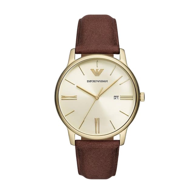 EMPORIO ARMANI Watch for Men, Quarz-Dreizeiger-Datumswerk und 42mm Gehäusegröße mit Lederarmband Braun und Goldton