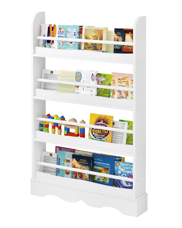 Lestarain Bücherregal Kinder, Kinderregal mit 4 Ebenen, Aufbewahrungsregal für Bücher Spielzeug, Regal für Kinderzimmer Kindergarten, mit Kippsicherung, aus MDF Holz, 80x12x118cm, Weiß