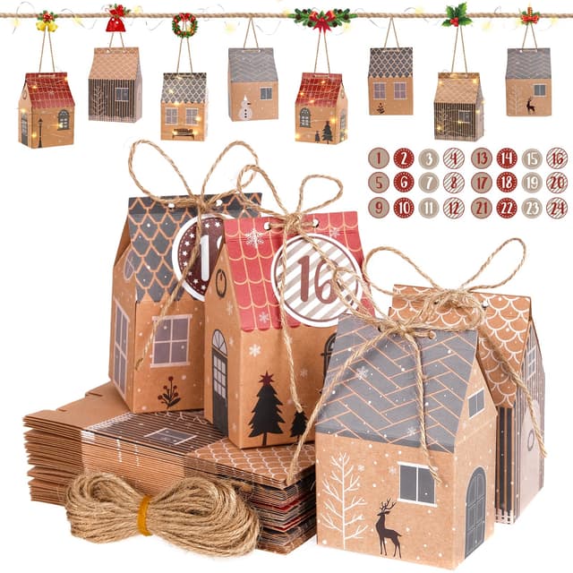 I LOVE MOM Adventskalender zum Befüllen, Adventskalender mit Zahlenaufklebern, 24 Stück Weihnachten Party Geschenkboxen zum Aufhängen oder Aufstellen, Weihnachts-Deko DIY(Weihnachts House)