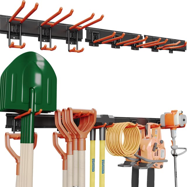 BONTEC Wandmontierter Werkzeughalter, 294kg Tragfähigkeit, 3 Rail Panels, Verstellbare Garage Wandregale mit 8 Haken, Gartenwerkzeug Aufbewahrung, Werkstatt Organizer,Stabil und Rostbeständig,Orange Orange Max. Traglast 294KG