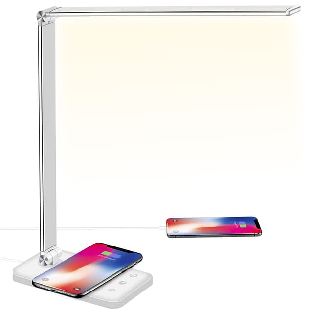 BIENSER Schreibtischlampe LED, 10W Wireless Charging, USB Ladefunktion, Bürolampe Tischlampe mit 10 Helligkeits X 5 Farbstufen Dimmbar, Memory Funktion, Sensible Kontrolle, 30/60 min Auto Timer, 20W 20w Adapter - Silber