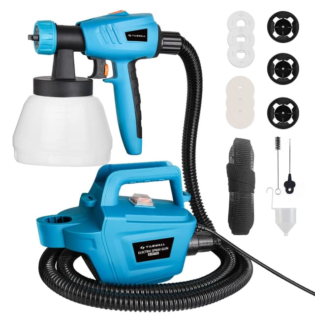 Tilswall 800W Farbsprühsystem, Elektro Lackierpistole mit 1300 ml Behälter und 3 Düsen und 3 Spritzmuster Farbsprühgerät mit 2,5M Luftschlauch für Lacke & Wandfarbe, im Innen- & Außenbereich Blau