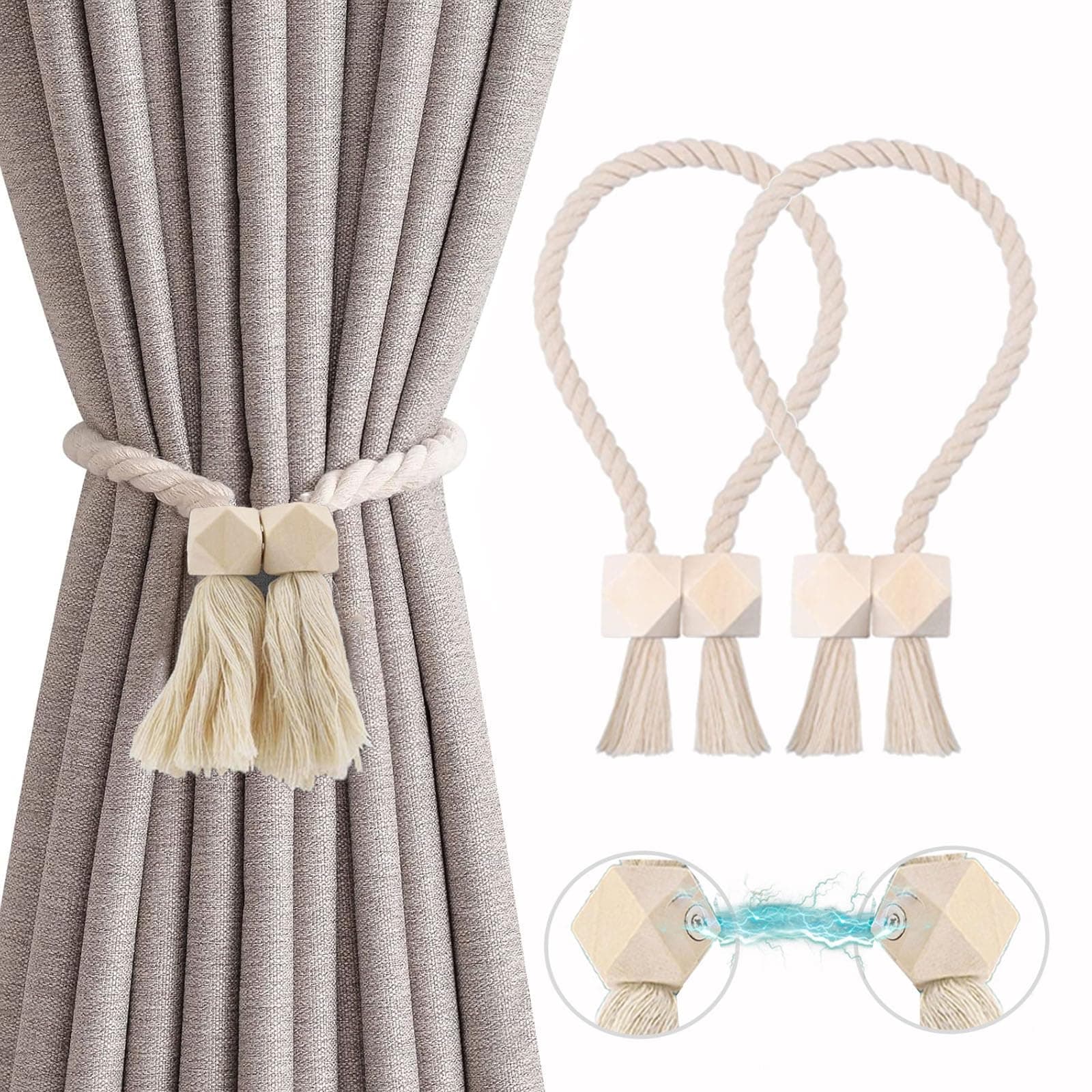 2 Stück Magnetische Vorhang Raffhalter, Gardinenhalter Raffhalter aus Holz Boho, Handgewebt Gardinen Raffhalter, Vorhanghalter, Raffhalter Magnetisch, Baumwollseil für Home Büro Gardinen Deko (Beige) Beige-2 Stück one size