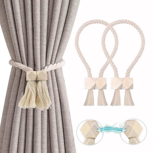 2 Stück Magnetische Vorhang Raffhalter, Gardinenhalter Raffhalter aus Holz Boho, Handgewebt Gardinen Raffhalter, Vorhanghalter, Raffhalter Magnetisch, Baumwollseil für Home Büro Gardinen Deko (Beige) Beige-2 Stück one size