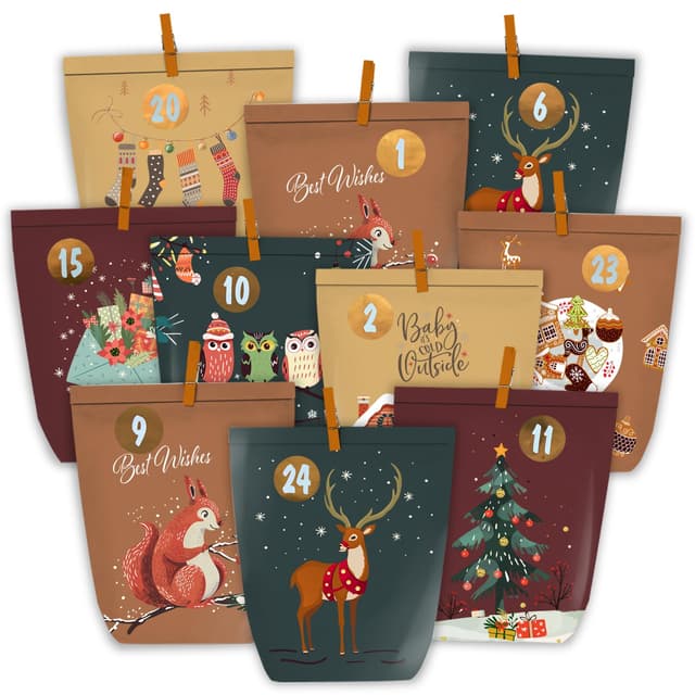 PANSIBY Adventskalender zum Befüllen, 24 Papiertüten zum Selber Basteln für Weihnachten, Papier Adventstüten mit Zahlenaufkleber zum Aufstellen Dunkelgrün Braun