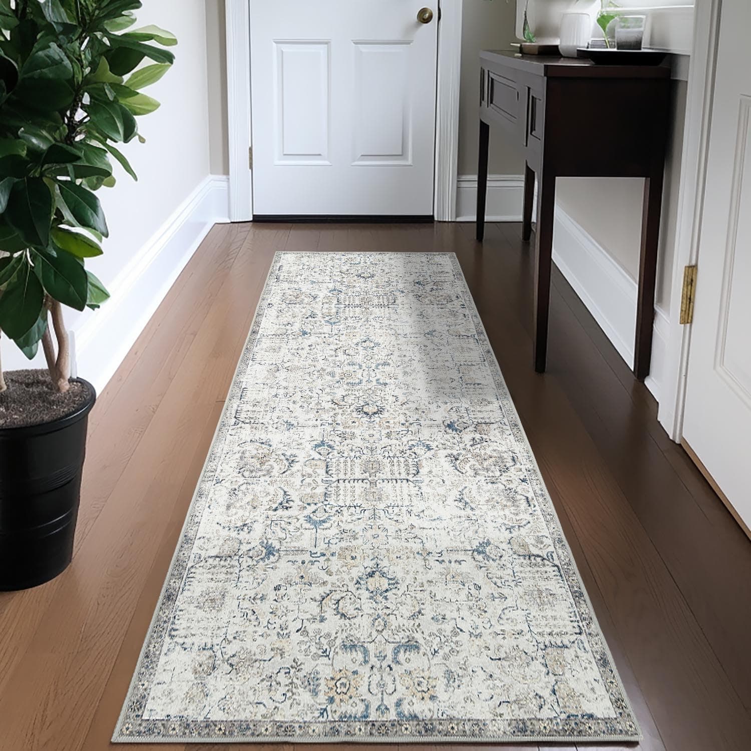 TOPICK Läufer 60x210cm Blau Teppiche Vintage Teppichläufer Flur Retro Faltbar Dünner Waschbar Teppich Multi Floral Boho rutschfeste für Innenbereich Badezimmer Küche Schlafzimmer Wohnzimmer Vintage Blau 60x210cm