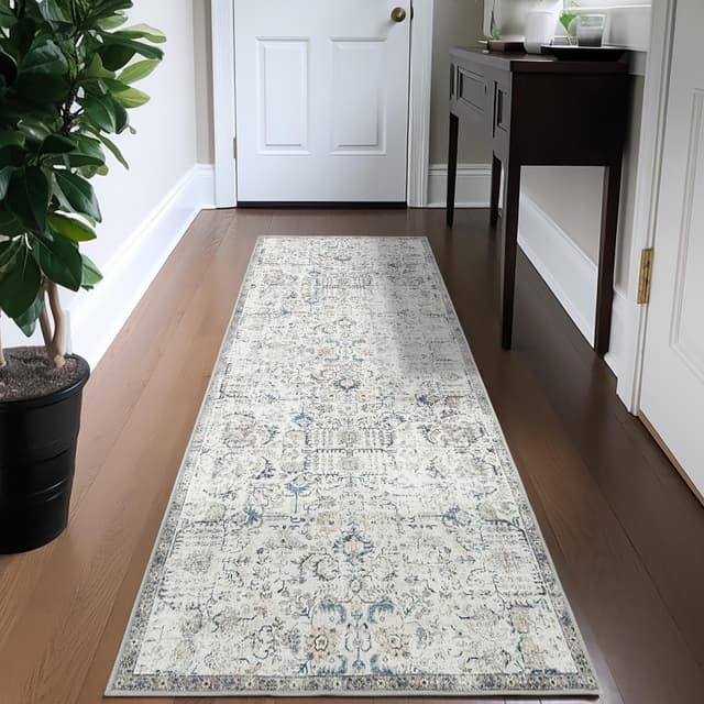 TOPICK Läufer 60x210cm Blau Teppiche Vintage Teppichläufer Flur Retro Faltbar Dünner Waschbar Teppich Multi Floral Boho rutschfeste für Innenbereich Badezimmer Küche Schlafzimmer Wohnzimmer Vintage Blau 60x210cm