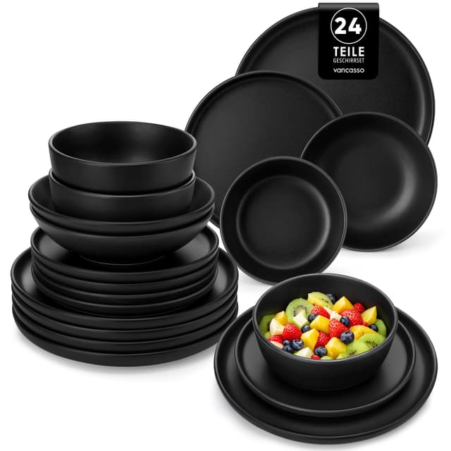 Geschirrset 6 Personen, vancasso PLAYA Steingut Geschirr set 24tlg für 6 Personen, Schwarz Tafelservice mit Teller set, Suppenteller set, Schalen & Salattellern, Spülmaschinenfest, Mikrowellengeeignet 24 Teile Set Schwarz