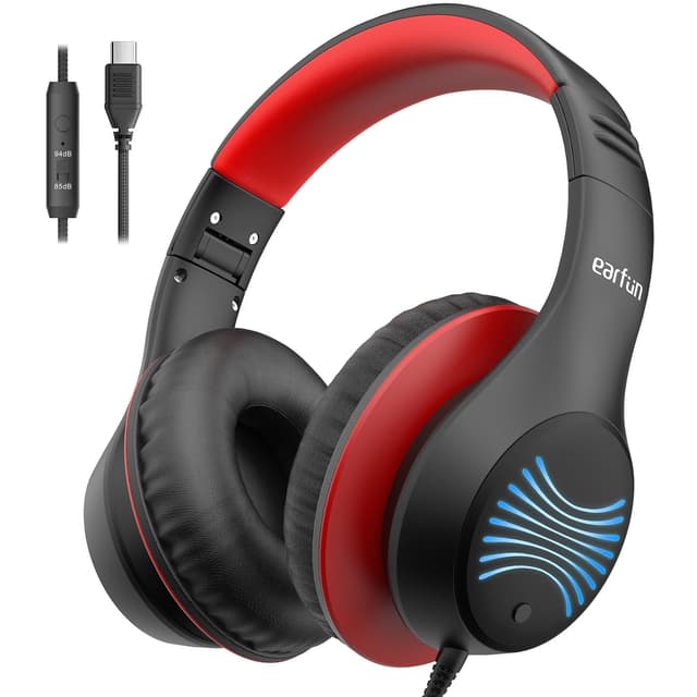 EarFun Kinder Kopfhörer mit LED-Leuchten, USB-C Kabel, 85dB Lautstärkenbegrenzer, HD-Mikrofon, Faltbare, Einstellbar, Komfortables Tragen, Hi-Fi Klang, Over Ear Kinderkopfhörer für Schule/Tablet, Rot LED-Leuchten und USB-C Kabel rot und schwarz