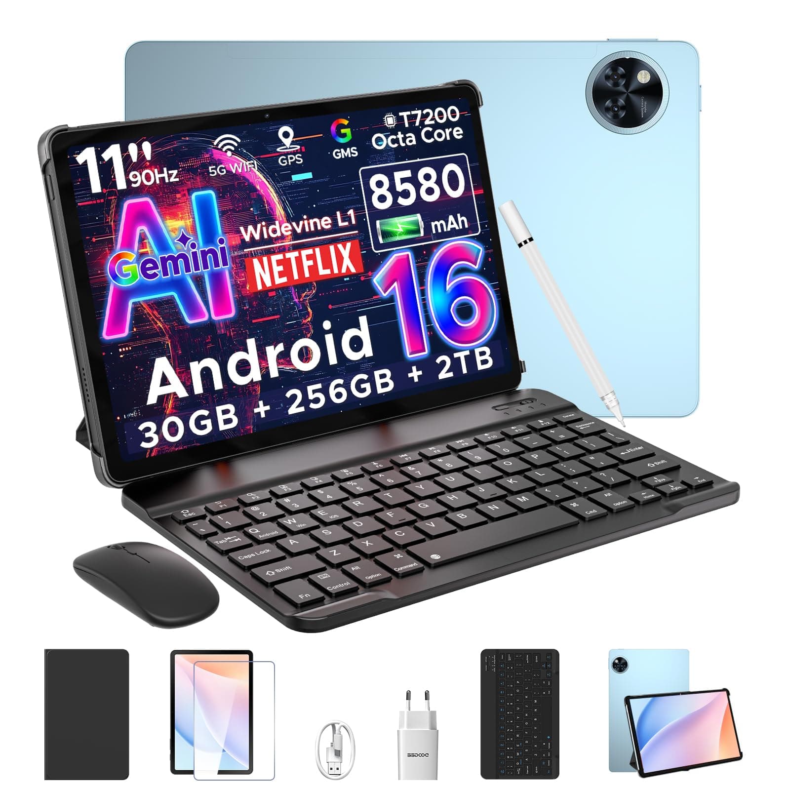 DOOGEE U11 Pro Android 16 Tablet 11 Zoll Gemini AI, 30GB+256GB (2TB TF) Gaming Tablets, 8580mAh, 90Hz Display, WiFi 5, T7200 Octa Core, 13MP+5MP, Tablet mit Tastatur, Stift, Maus, Hülle [2025] Blau(Android 16)