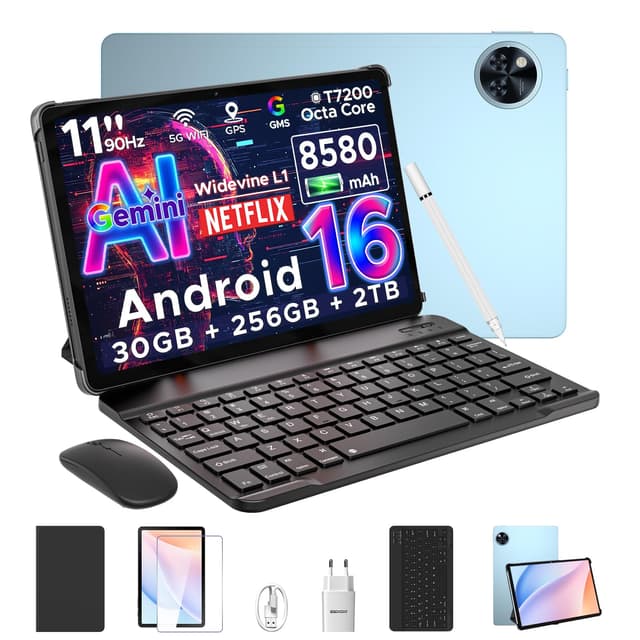 DOOGEE U11 Pro Android 16 Tablet 11 Zoll Gemini AI, 30GB+256GB (2TB TF) Gaming Tablets, 8580mAh, 90Hz Display, WiFi 5, T7200 Octa Core, 13MP+5MP, Tablet mit Tastatur, Stift, Maus, Hülle [2025] Blau(Android 16)