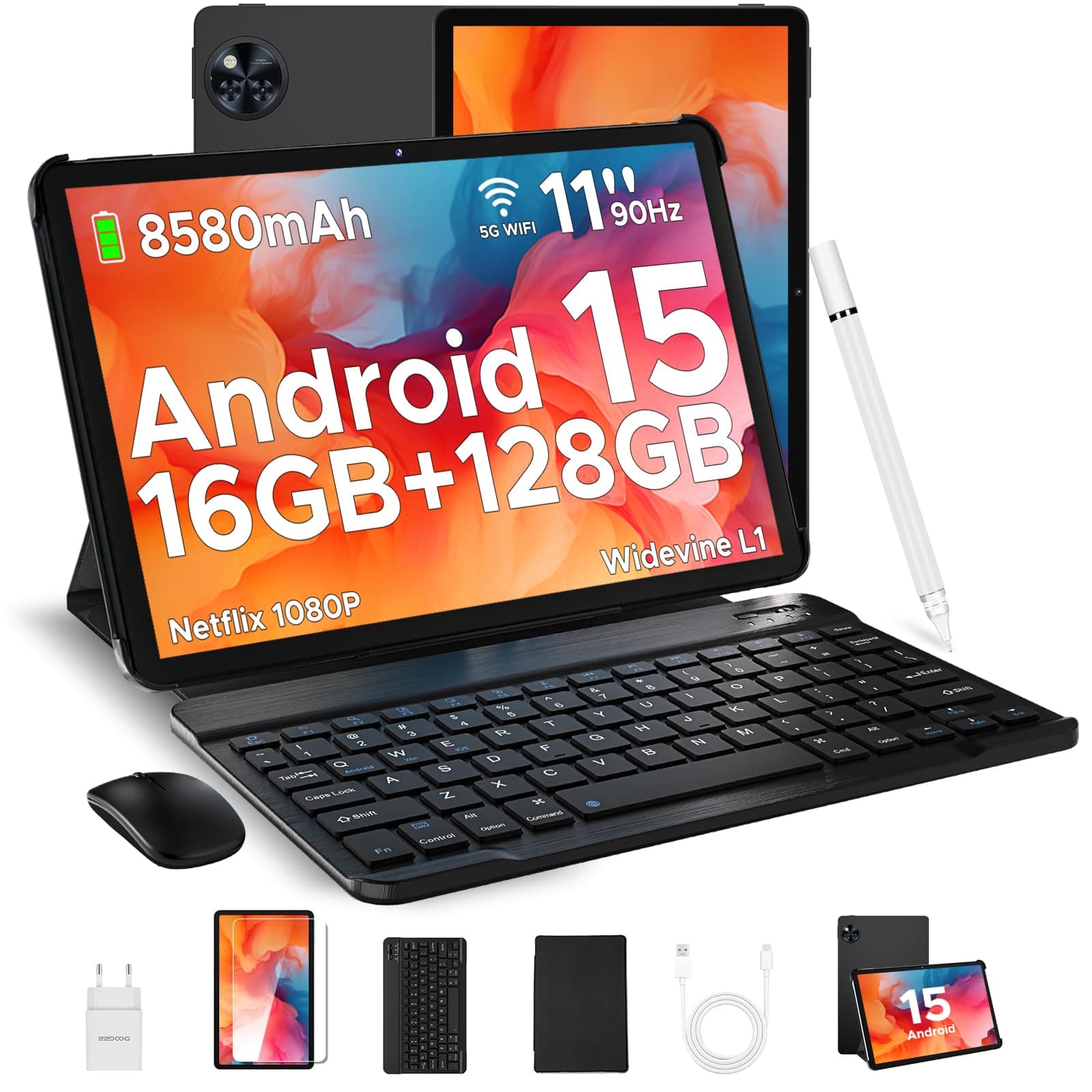 DOOGEE U11 2025 Neueste Android 15 Tablet mit Tastatur, 16GB RAM + 128GB ROM (2TB TF) Gaming Tablets 11 Zoll, 8580mAh | Widevine L1 | GPS | OTG, Tablet mit Stift, Maus, Tastatur, Hülle, Schutzfolie Schwarz