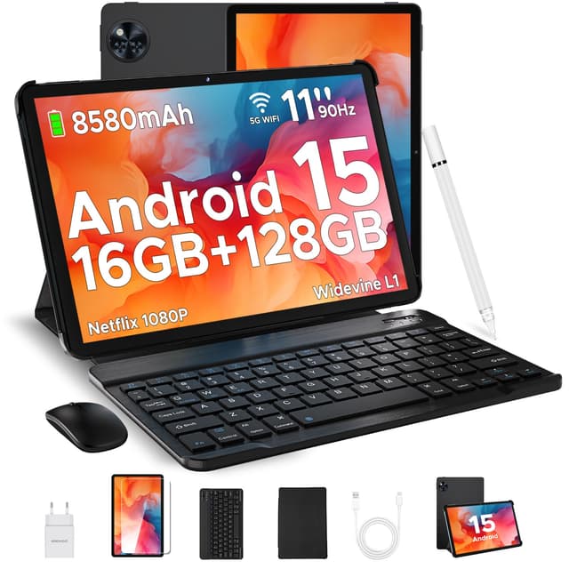 DOOGEE U11 2025 Neueste Android 15 Tablet mit Tastatur, 16GB RAM + 128GB ROM (2TB TF) Gaming Tablets 11 Zoll, 8580mAh | Widevine L1 | GPS | OTG, Tablet mit Stift, Maus, Tastatur, Hülle, Schutzfolie Schwarz
