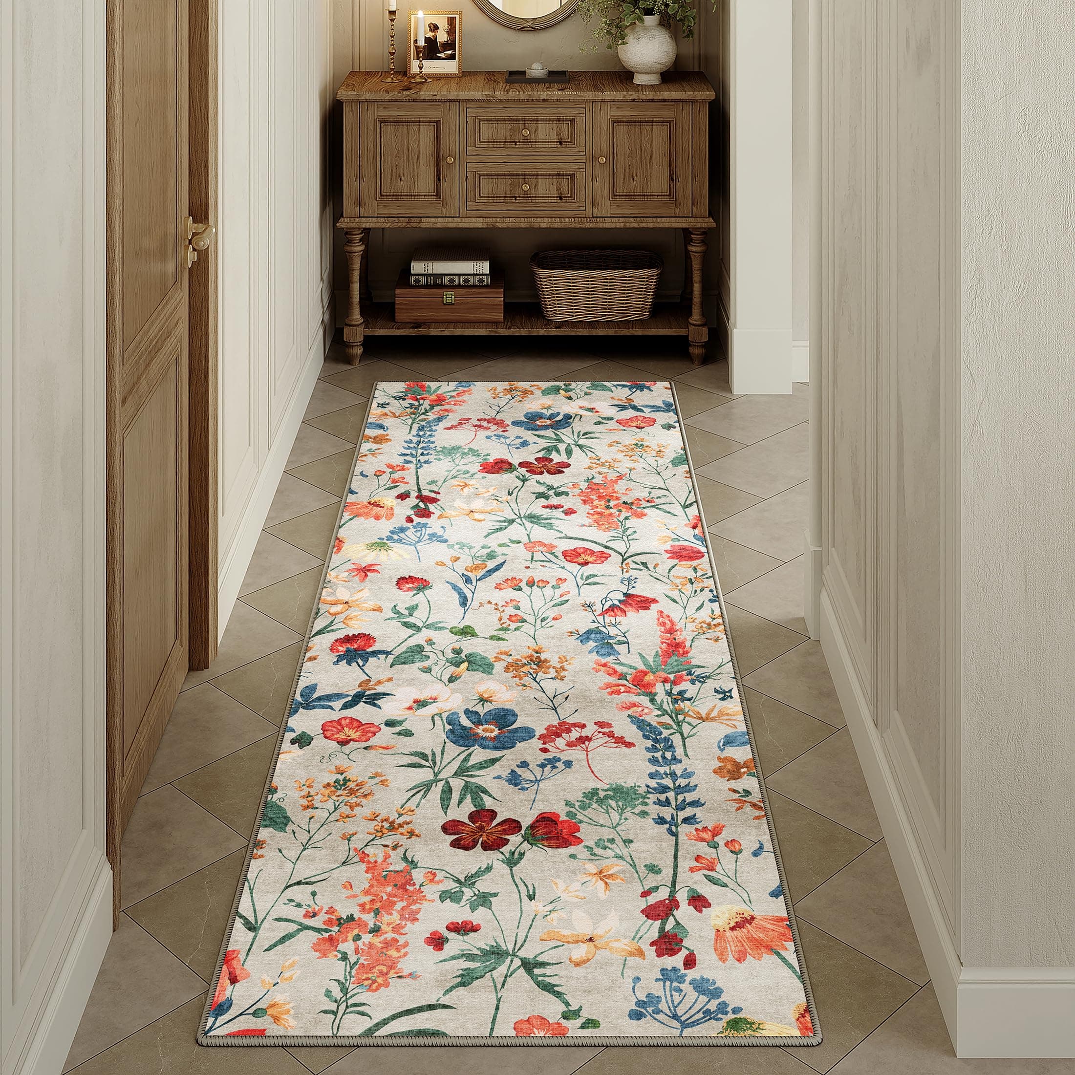 HUGEAR Beige Waschbarer Läufer Teppich Flur 60x240cm Blumenmuster Bettvorleger Blumen Boho Modern Küchen Wohnzimmer Schlafzimmer Teppiche rutschfest Kurzflor Weich Flurläufer Teppichläufer Beige 60 x 240 cm (Läufer)