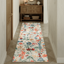 HUGEAR Beige Waschbarer Läufer Teppich Flur 60x240cm Blumenmuster Bettvorleger Blumen Boho Modern Küchen Wohnzimmer Schlafzimmer Teppiche rutschfest Kurzflor Weich Flurläufer Teppichläufer Beige 60 x 240 cm (Läufer)