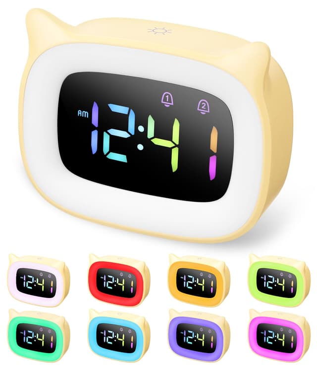 PERMUST Wecker Kinder, LED Kinderwecker, Helligkeit Einstellbar, Wecker Digital, 18 Klingeltöne, Wecker mit Licht, 4 Modi, Snooze-Modus, USB Ladeanschluss Einfache Installation Gelb