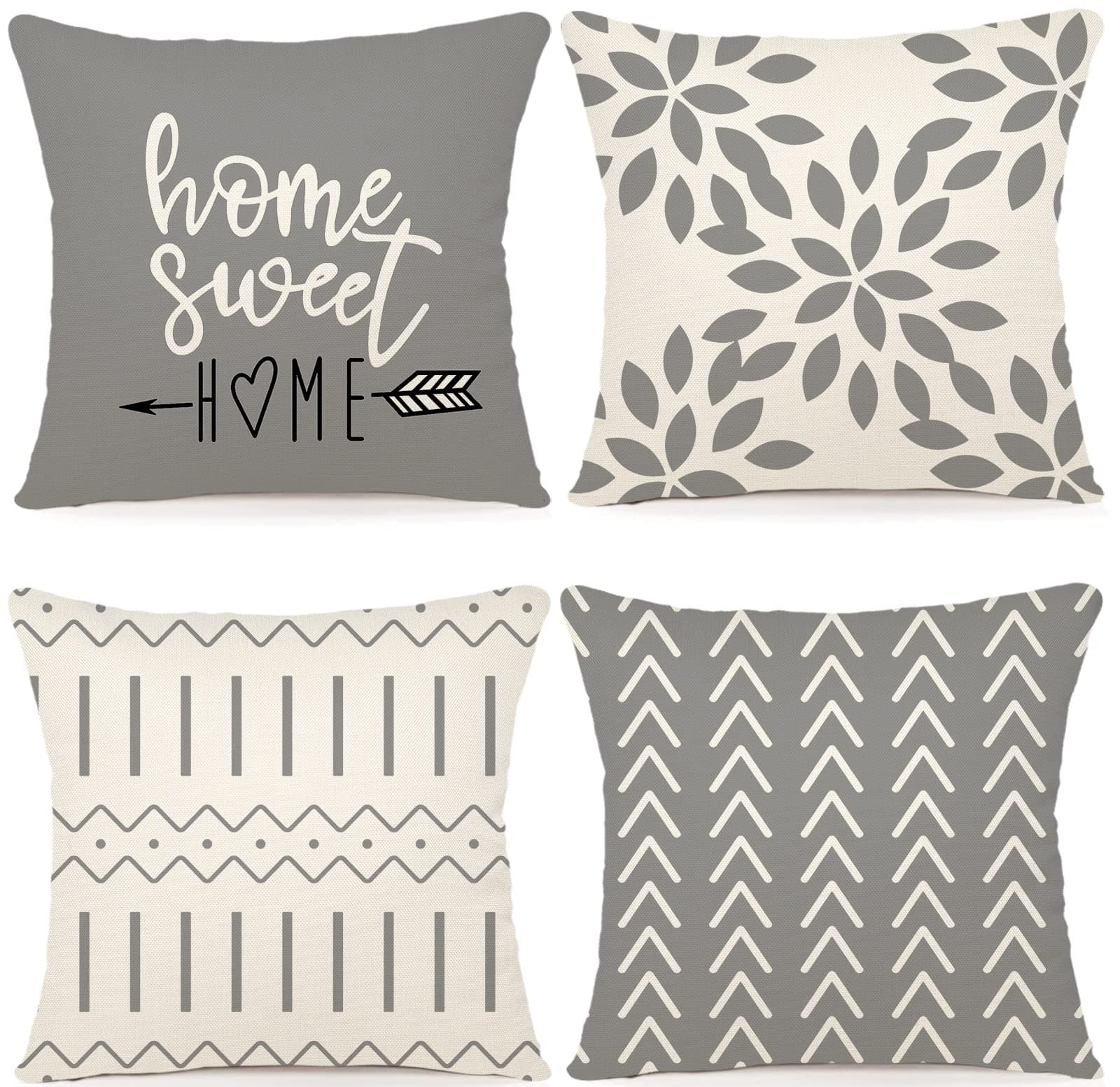 YCOLL Kissenbezug 40x40 4er Set Leinen Dekokissen Kissenbezüge Outdoor Kissen Sofakissen für Sofa Schlafzimmer Gartenbett 40x40cm, Grau Druck Grau 40 x 40 cm, 4 Stück