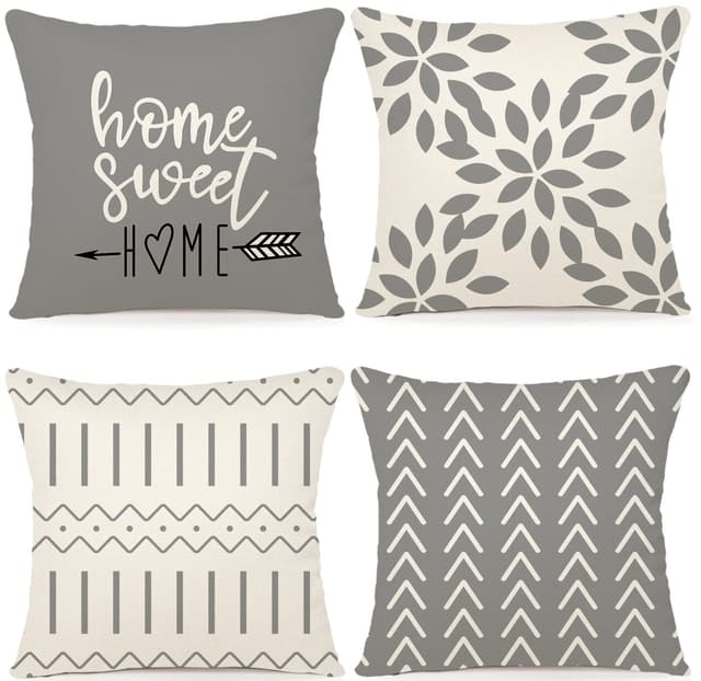 YCOLL Kissenbezug 40x40 4er Set Leinen Dekokissen Kissenbezüge Outdoor Kissen Sofakissen für Sofa Schlafzimmer Gartenbett 40x40cm, Grau Druck Grau 40 x 40 cm, 4 Stück