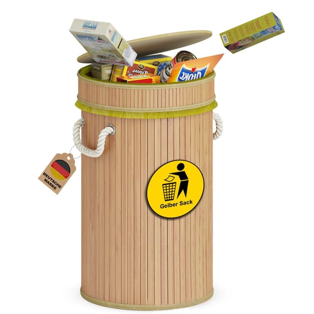 ADEL DREAM Gelbe Sack Müllständer Sack Ständer,geruchsneutraler Mülleimer aus Holz für gelbe Säcke geruchsdichte Mülltonne ideal als gelber Sack Müllsackständer 60L Runde Holzfarbe