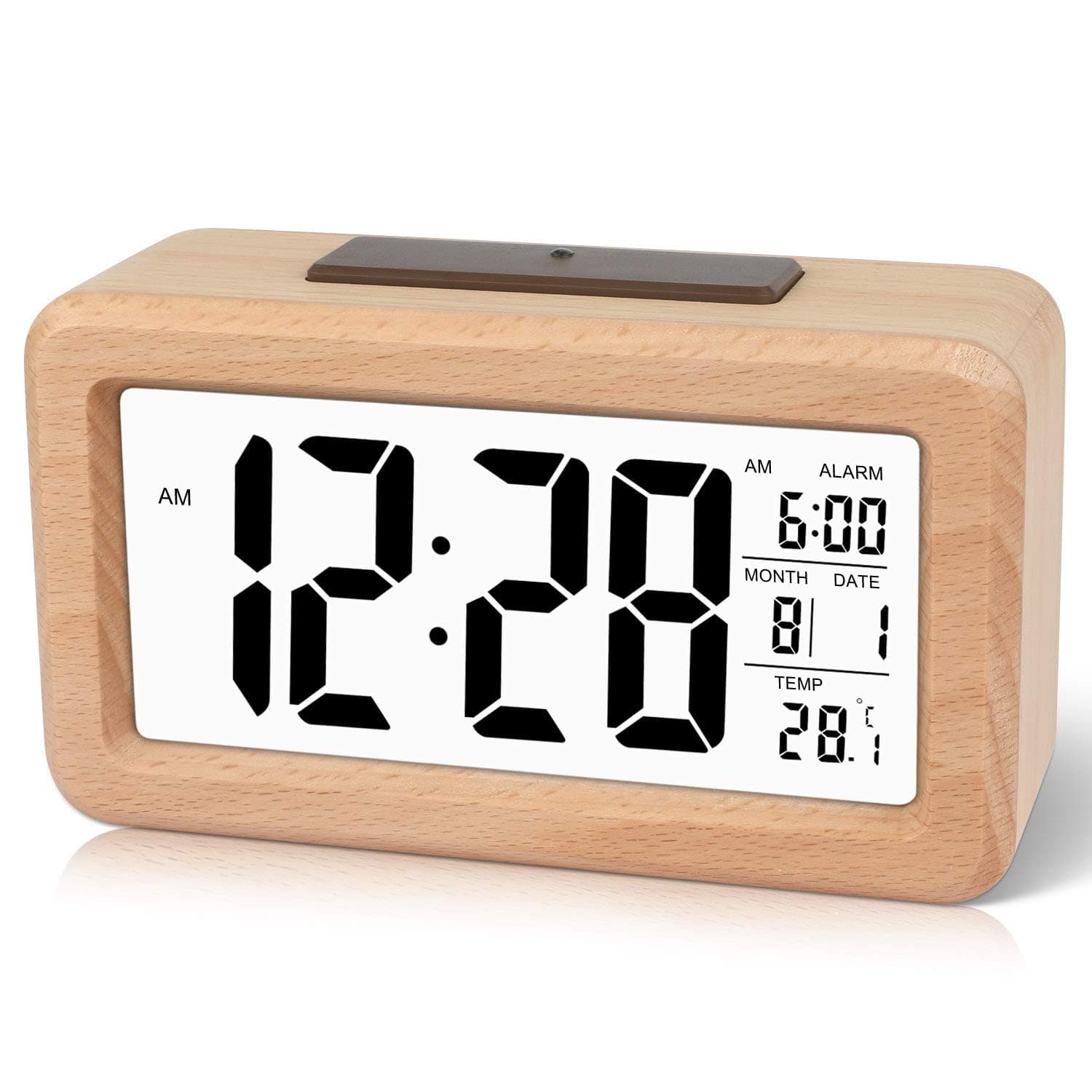 DTKID Wecker Digital aus Holz, mit Datum, Temperatur, Digitaler Wecker mit Schlummerfunktion, Automatischem Lichtsensor, Batteriebetrieben(Batterie Nicht Enthalten) Hellbraun