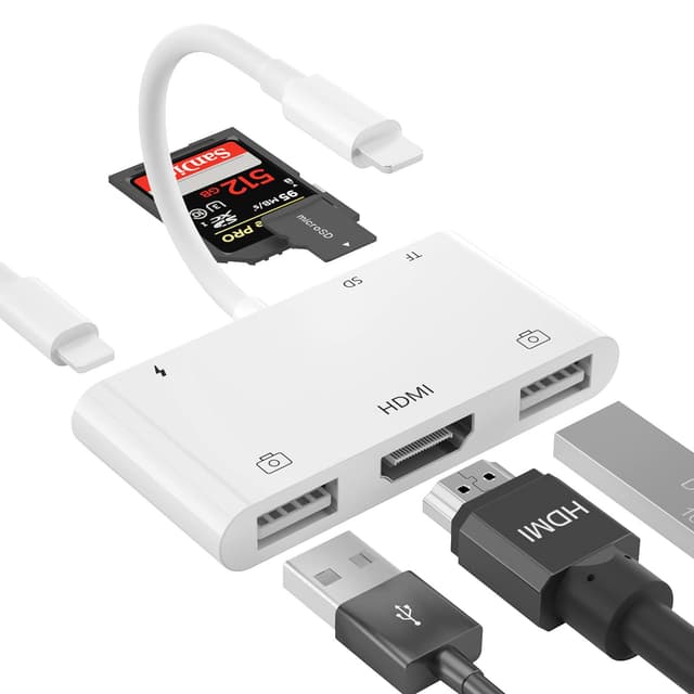 PNBLAECE iPhone HDMI USB Adapter, 6-in-1 HDMI OTG Hub, TF/SD Card Reader, USB Camera Adapter, Compatible with iPhone, Pad, Supports MIDI Keyboard, Mouse, Projector Single