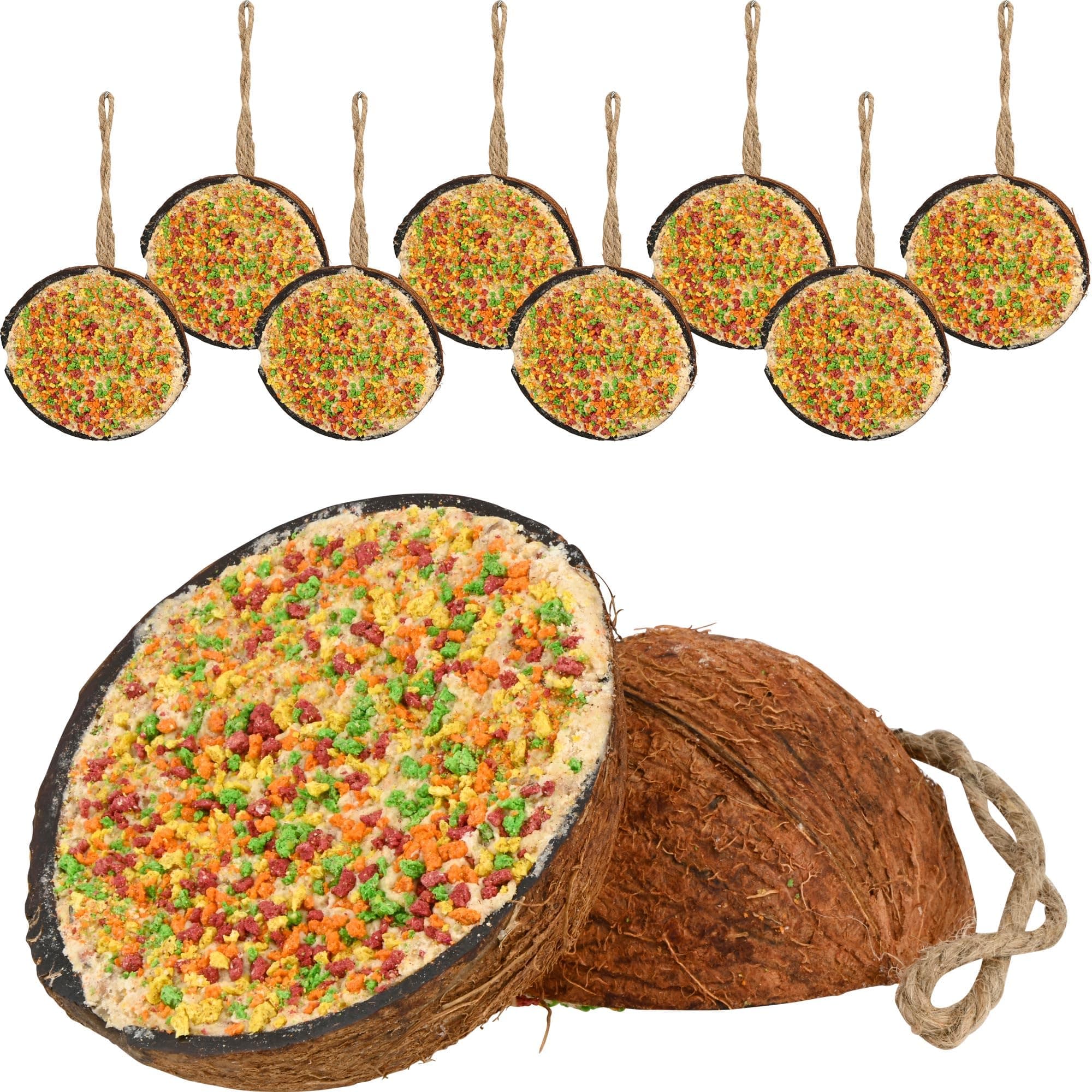 dobar® 10x gefüllte Kokosnusshälften zum Aufhängen - Vitamin-Vogelfutter gefüllte halbe Kokosnüsse - Fettfutter-Füllungen für Wildvögel - Wildvogelfutter 2 kg (1er Pack) eine Sorte