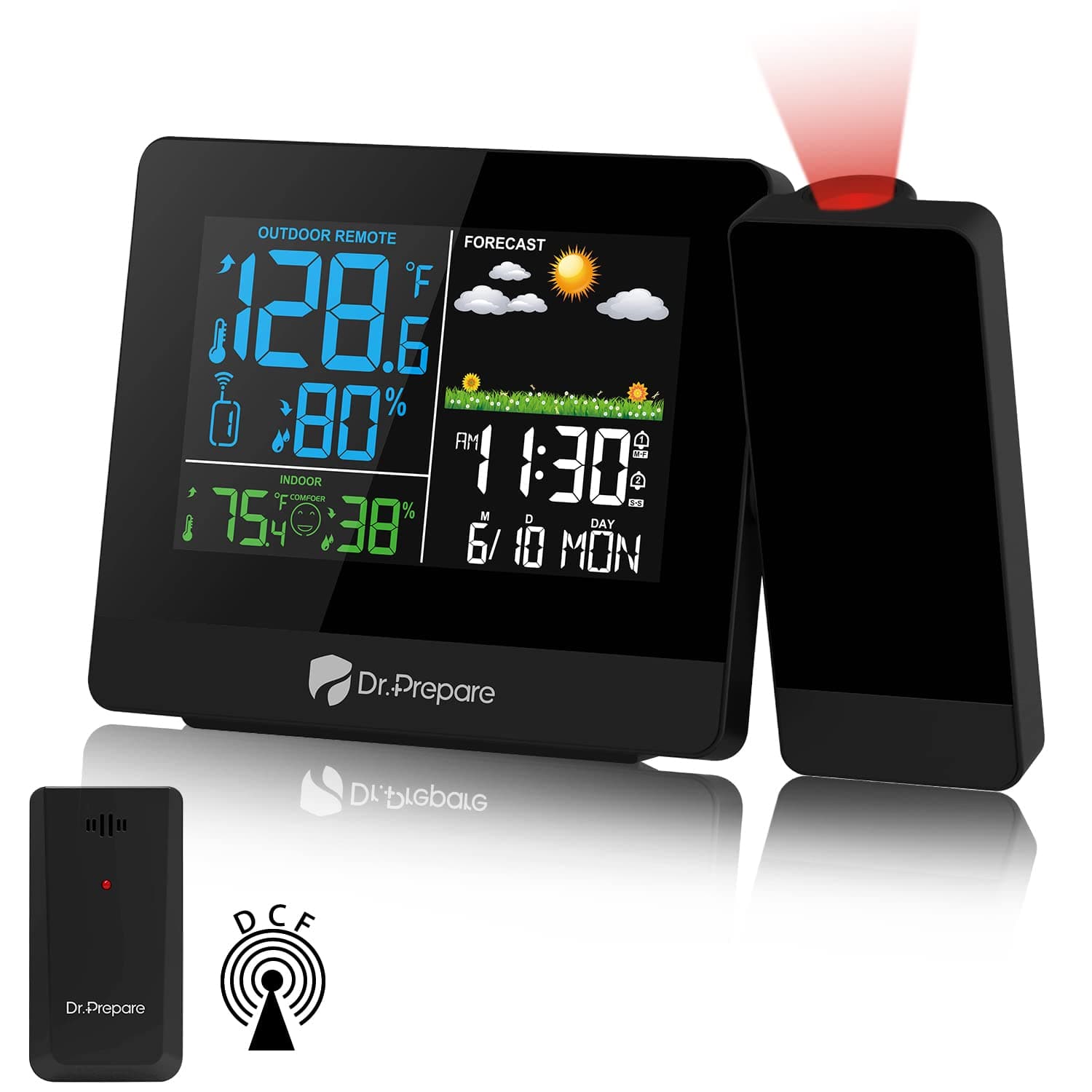 DR.PREPARE Projektionswecker Digitaler Wecker mit Projektion Wetterstation Wecker Projektionsuhr mit Außensensor zeigt Innen- und Außentemperatur für Schlafzimmer Büro Wohnzimmer Blau
