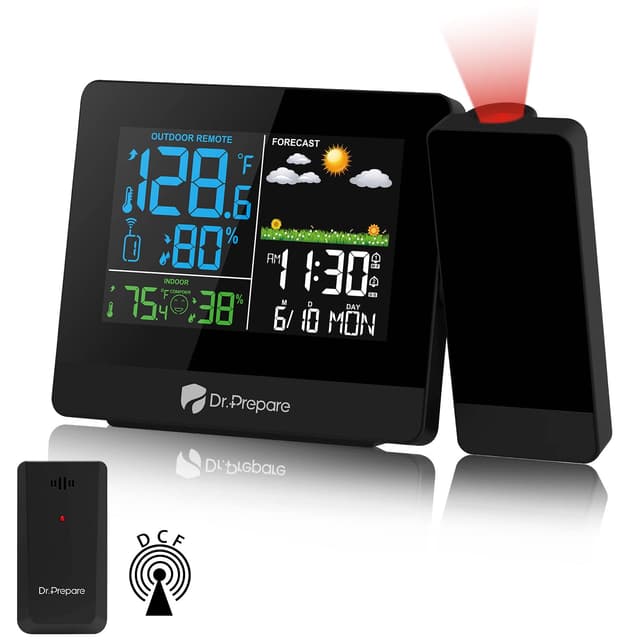 DR.PREPARE Projektionswecker Digitaler Wecker mit Projektion Wetterstation Wecker Projektionsuhr mit Außensensor zeigt Innen- und Außentemperatur für Schlafzimmer Büro Wohnzimmer Blau
