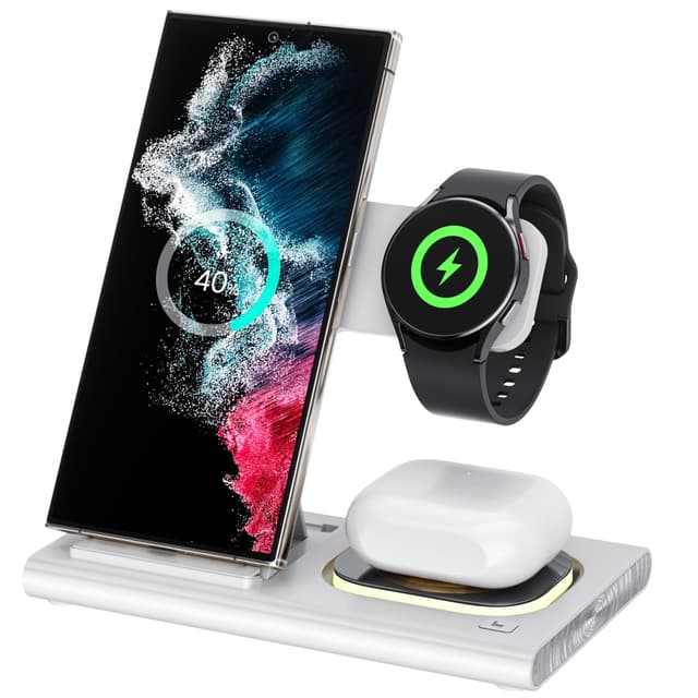 Aimtel 3 in 1 Wireless Charger [Faltbar & Nachtlicht] Kompatibel mit Ladestation Samsung, Induktive Ladestation für Galaxy Z Fold 7/Flip 7/FE/S25/S24, für Galaxy Watch 8/7/6/5 Pro/5/4/Galaxy Buds Weiß