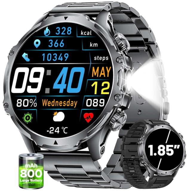 SUNKTA Smartwatch Herren Militär,800 mAh Akku/1,85'' HD-Display-Sportuhr mit Taschenlampe/100+ Sportmodi,IP68 Wasserdicht Fitnessuhr mit Herzfrequenz,SpO2,Schlafmonitor für Android iOS 2 Armbänders FV15-D