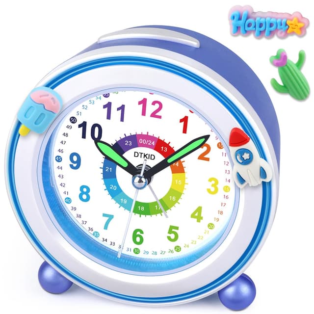 DTKID Wecker Kinder, Kinderwecker Ohne Ticken mit Snooze und Nachtlicht, Analoger Wecker für Jungen und Mädchen, Lernwecker Kinder, Batteriebetrieben Blau