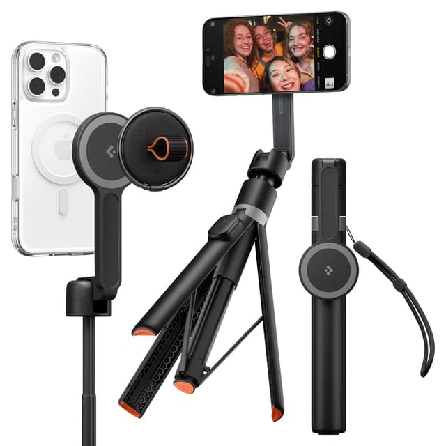 Spigen One Push Selfie Stick Stativ 168,5 cm [Auto-Öffnung & MagSafe] Bluetooth 4.2, mit Metallring & Schlaufe, kompatibel mit iPhone 16/15/14, Galaxy S25/S24/S23 & mehr - Schwarz