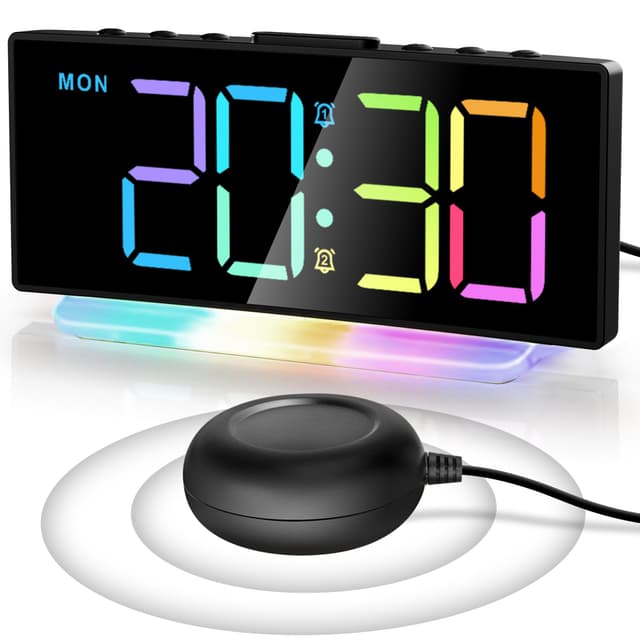 Lauter Vibrationswecker für Tiefschläfer,Hörgeschädigte,Gehörlose, RGB LED Wecker Digital mit Bettrüttler&Woche für Kinder Senioren Schlafzimmer,2 Alarme,8-Farbiges Großes Display,Nachtlicht,4 Dimmers Rgb Ziffern + Schwarzer Rahmen