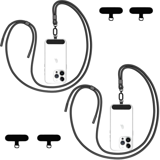 Qyoocom Handykette Universal für alle Smartphones,2 Stück Schlüsselband Kette zum Umhängen mit 4 Universelles Pad,Einstellbar und Abnehmbar. (Schwarz)