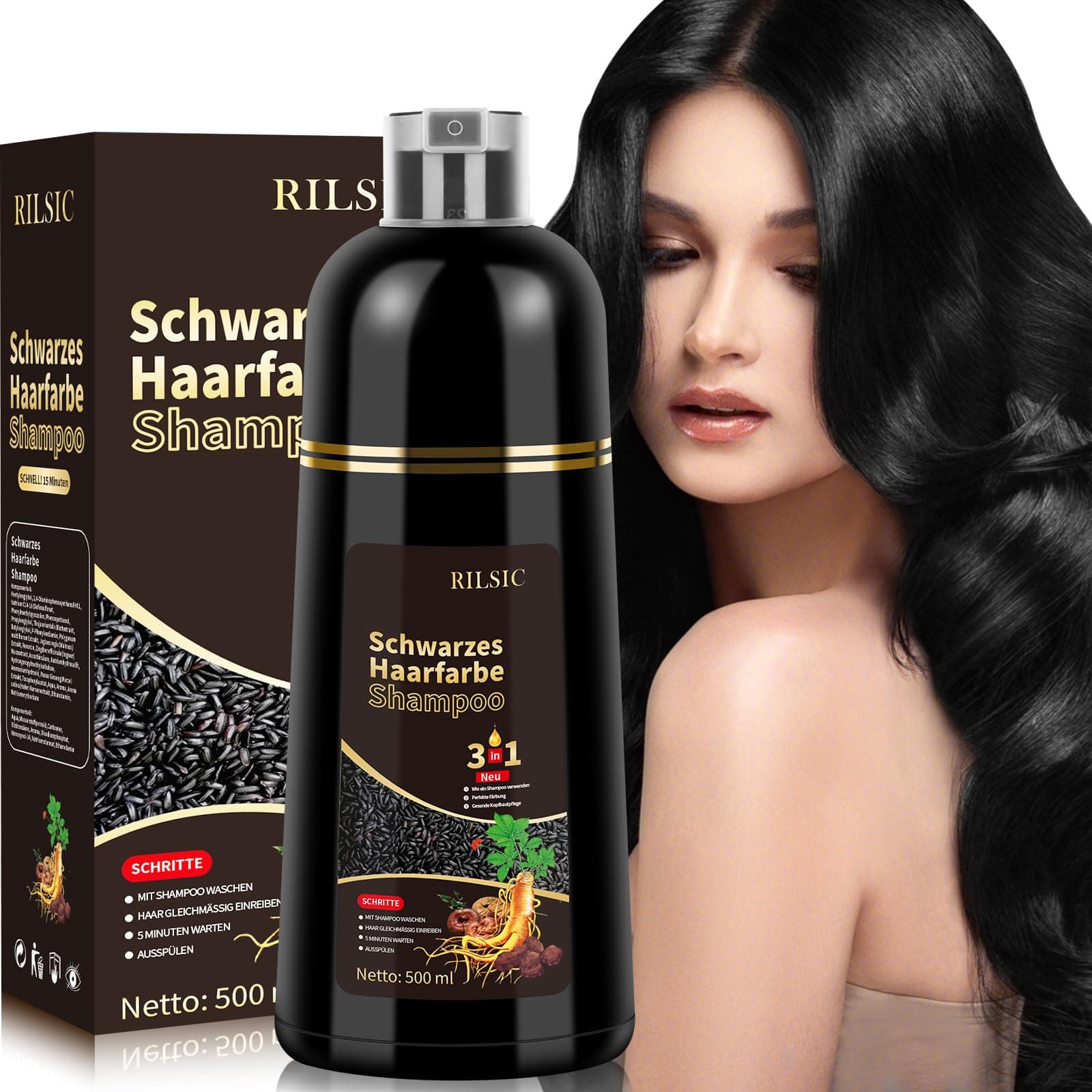 500ML Haarfarbe Schwarz,Natürliche Schwarze Haarfärbeshampoo,Black Hair Dye 3 IN 1 Gegen Graue Haare-Instant Hair Color Shampoo,Haarfärbung,Sofort-Haarfarben-Shampoo für Männer Frauen