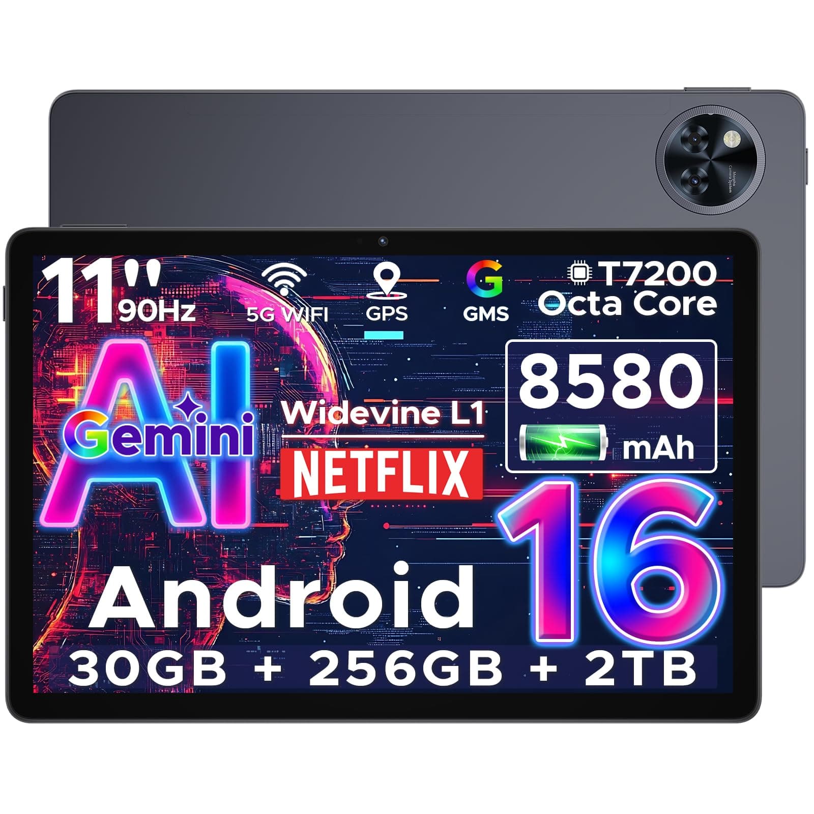 DOOGEE U11 Pro Android 16 Tablet 11 Zoll Gemini AI,30GB RAM+256GB ROM (2TB TF) 8580mAh, 90 Hz Display, Unisoc T7200 Octa Core Tablet PC, 13MP+5MP, WiFi 5/Widevine L1/ GPS/Face ID/OTG [Grau] Grau(Android 16)