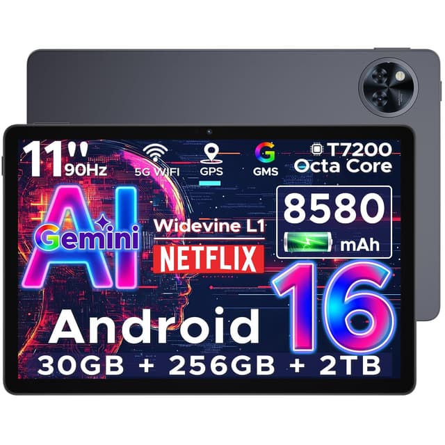 DOOGEE U11 Pro Android 16 Tablet 11 Zoll Gemini AI,30GB RAM+256GB ROM (2TB TF) 8580mAh, 90 Hz Display, Unisoc T7200 Octa Core Tablet PC, 13MP+5MP, WiFi 5/Widevine L1/ GPS/Face ID/OTG [Grau] Grau(Android 16)